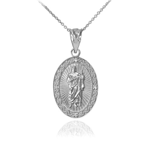 White Gold St Jude Diamond Oval Small Pendant Necklace