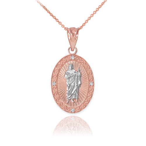 Rose Gold Two Tone St Jude Diamond Oval Small Pendant Necklace