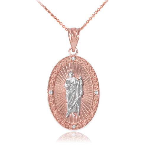 Rose Gold Two Tone St Jude Diamond Oval Medium Pendant Necklace