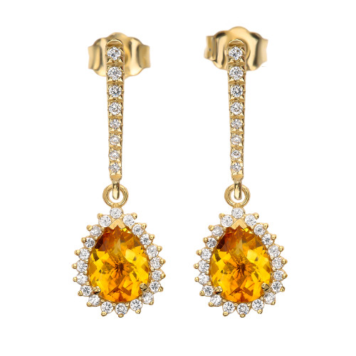 Diamond And Checkerboard Citrine Yellow Gold Elegant Earrings