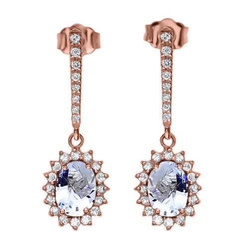 Diamond And March Birthstone Aquamarine Rose Gold Elegant Earrings