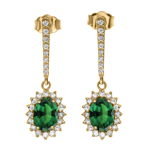 Diamond And May Birthstone (LCE) Emerald Yellow Gold Elegant Earrings