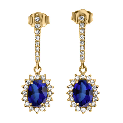 Diamond And September Birthstone Sapphire Yellow Gold Elegant Earrings