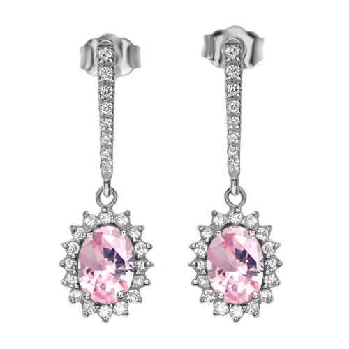 Diamond And October Birthstone Pink CZ White Gold Elegant Earrings