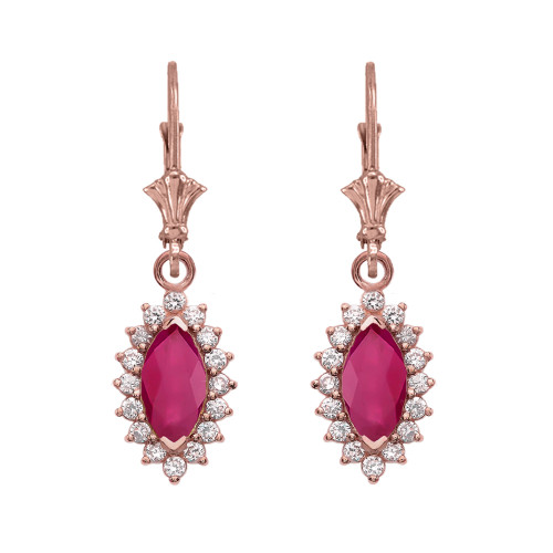 Diamond And Ruby Rose Gold Dangling Earrings