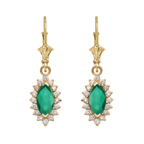 Diamond And Emerald Yellow Gold Dangling Earrings