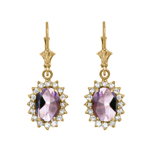 Diamond And June Birthstone CZ Alexandrite Yellow Gold Dangling Earrings