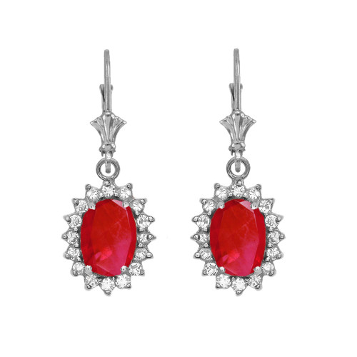 Diamond And July Birthstone Ruby White Gold Dangling Earrings