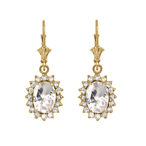 Diamond And April Birthstone CZ Yellow Gold Dangling Earrings