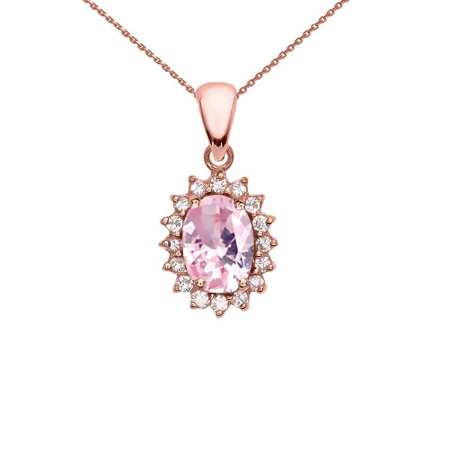 Diamond And October Birthstone Pink CZ Rose Gold Elegant Pendant Necklace