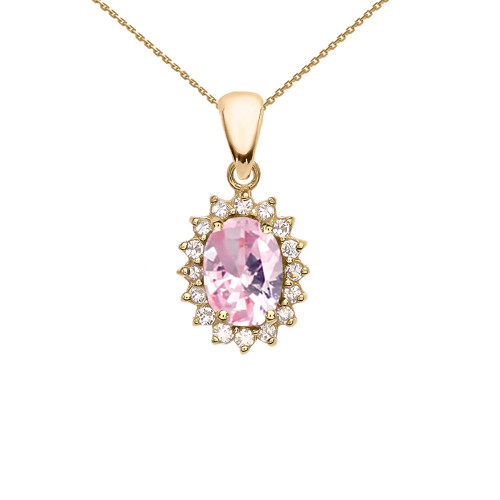 Diamond And October Birthstone Pink CZ Yellow Gold Elegant Pendant Necklace