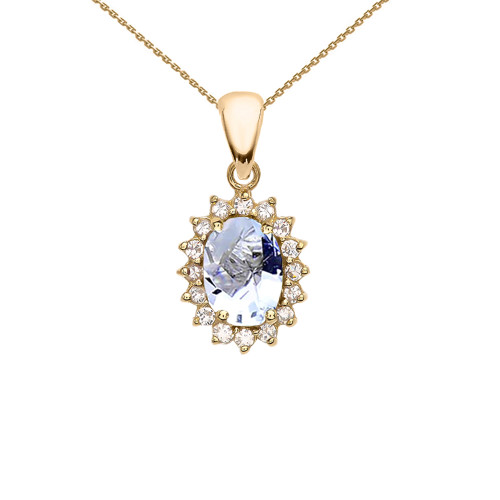 Diamond And March Birthstone Aquamarine Yellow Gold Elegant Pendant Necklace