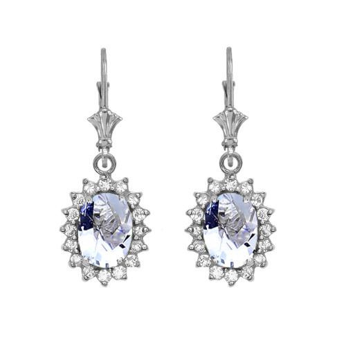 Diamond And March Birthstone Aquamarine White Gold Dangling Earrings