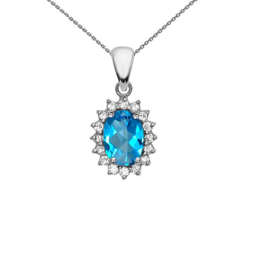 Diamond And Blue Topaz White Gold Elegant Pendant Necklace