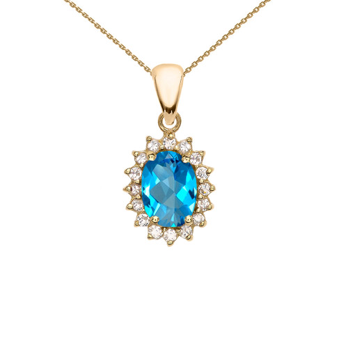 Diamond And Blue Topaz Yellow Gold Elegant Pendant Necklace