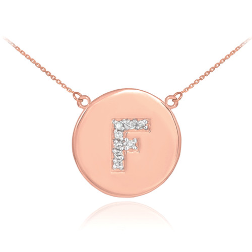 Letter "F" disc necklace with diamonds in 14k rose gold.