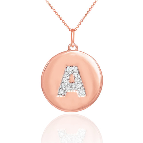 Letter "A" disc pendant necklace with diamonds in 14k rose gold.