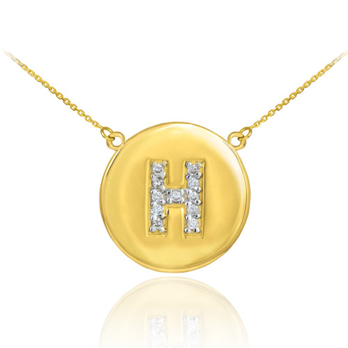 Letter "H" disc necklace with diamonds in 14k yellow gold.