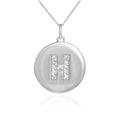 Letter "H" disc pendant necklace with diamonds in 10k or 14k white gold.