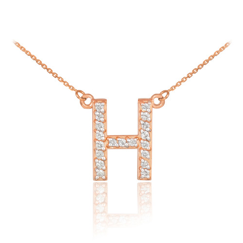 14k Rose Gold Letter "H" Diamond Initial Necklace