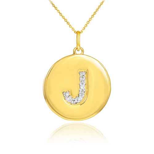 Letter "J" disc pendant necklace with diamonds in 10k or 14k yellow gold.