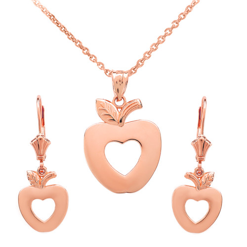 14K Rose Gold Apple Heart Necklace Earring Set