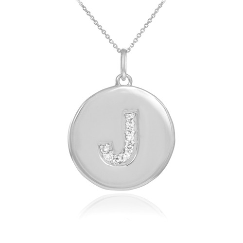 Letter "J" disc pendant necklace with diamonds in 10k or 14k white gold.