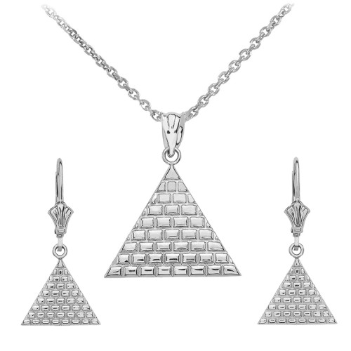 14K White Gold Egyptian Pyramid Triangle Necklace Earring Set