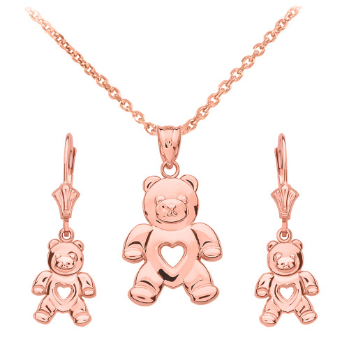 14K Rose Gold Love Bear Necklace Earring Set