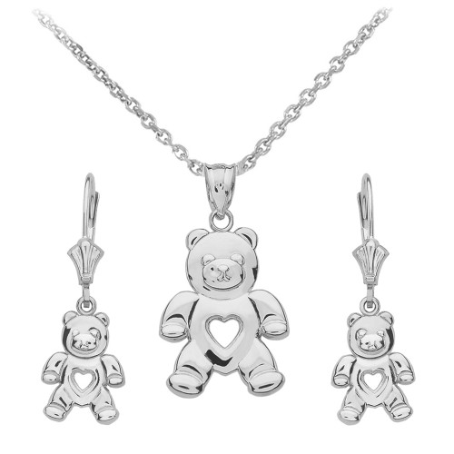 14K White Gold Love Bear Necklace Earring Set