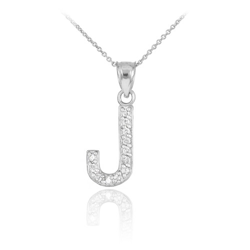 White Gold Letter "J" Diamond Initial Pendant Necklace