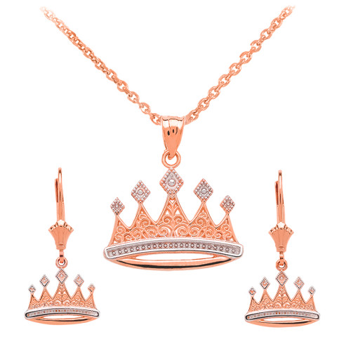 14K Rose Gold Royal Crown Necklace Earring Set