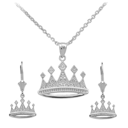 14K White Gold Quinceanera Royal Crown Earring Set