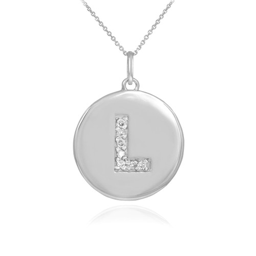 Letter "L" disc pendant necklace with diamonds in 10k or 14k white gold.
