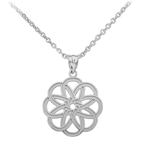 White Gold Celtic Knot Round Flower Pendant Necklace