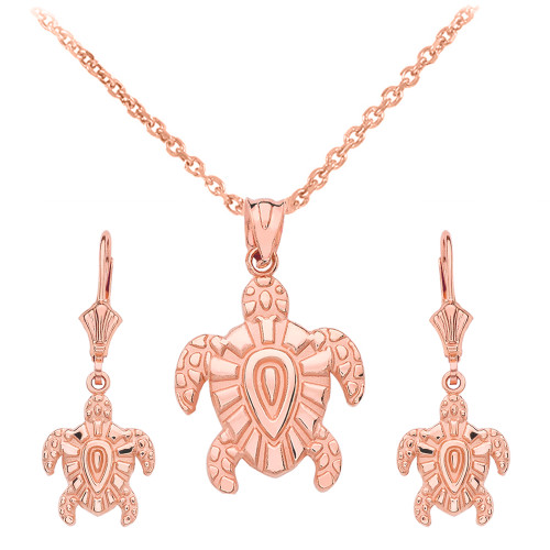 14K Rose Gold Tribal Hawaiian Turtle Necklace Earring Set