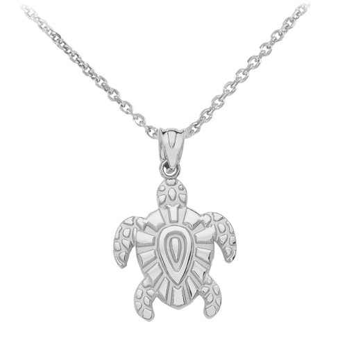 White Gold Tribal Hawaiian Turtle Pendant Necklace