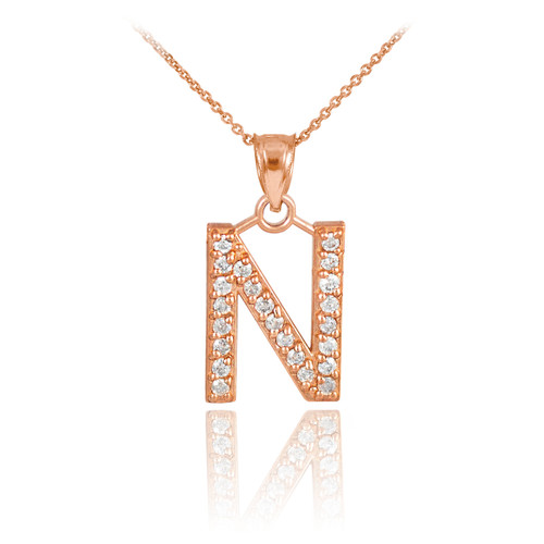 Rose Gold Letter "N" Initial Diamond Monogram Pendant Necklace