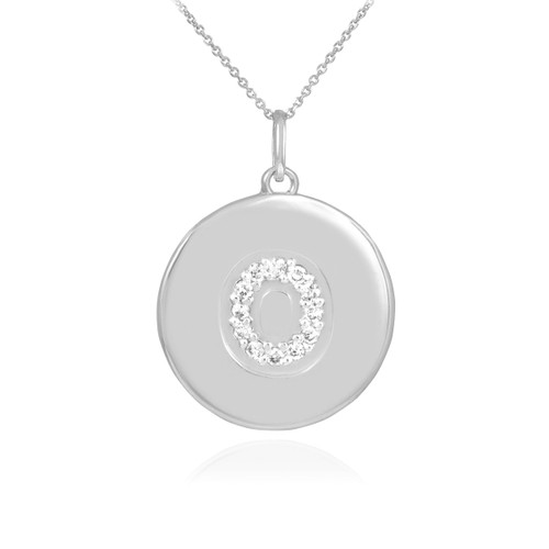 White Gold Letter "O" Initial Diamond Disc Pendant Necklace