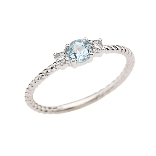 White Gold Dainty Solitaire Aquamarine and White Topaz Rope Design Promise/Stackable Ring