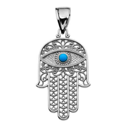 Turquoise Evil Eye Hamsa Hand Sterling Silver Pendant Necklace