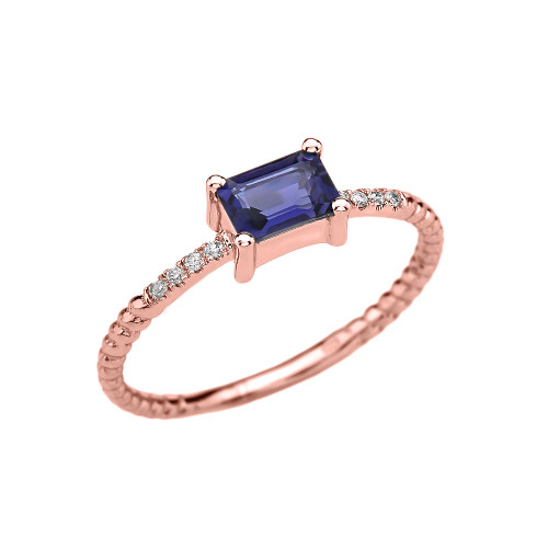 Dainty Rose Gold Solitaire Emerald Cut Iolite and Diamond Rope Design Engagement/Promise Ring