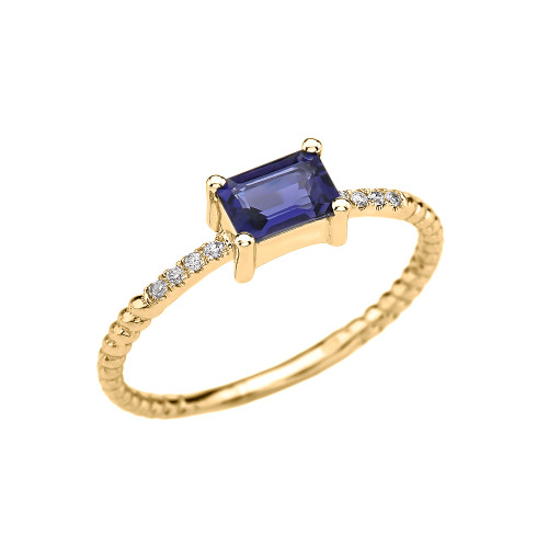 Dainty Yellow Gold Solitaire Emerald Cut Iolite and Diamond Rope Design Engagement/Promise Ring