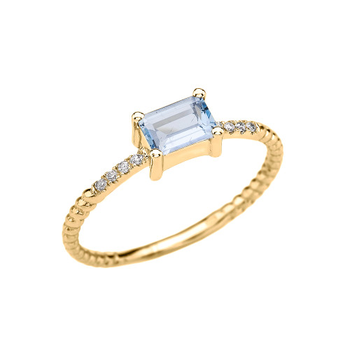 Yellow Gold Solitaire Emerald Cut Aquamarine and Diamond Rope Design Engagement/Promise Ring