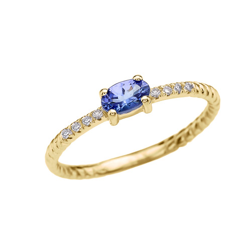 Diamond And Oval Tanzanite Rope Design Yellow Gold Dainty Engagement/Proposal/Stackable Ring