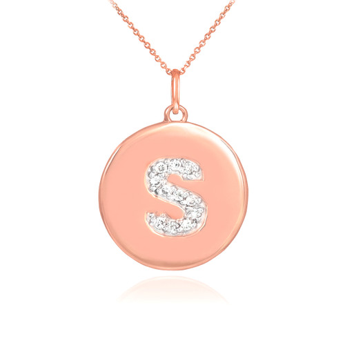 14k Rose Gold Letter "S" Initial Diamond Disc Pendant Necklace