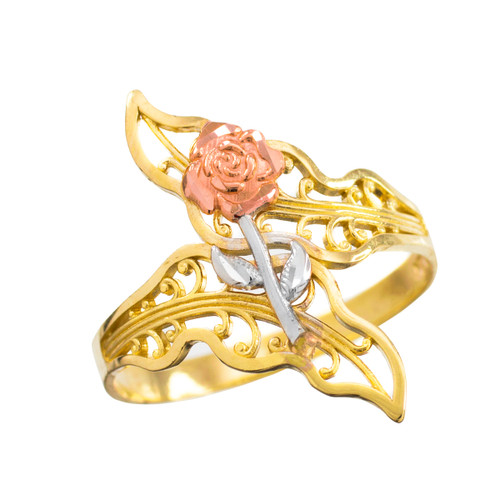 Multi-Tone Gold Rose Filigree Ring