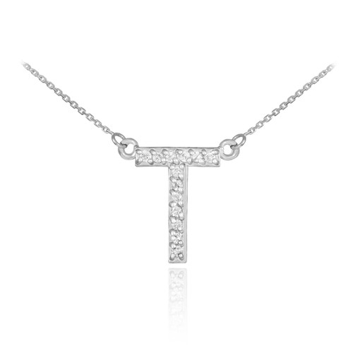 14k White Gold Letter "T" Diamond Initial Necklace