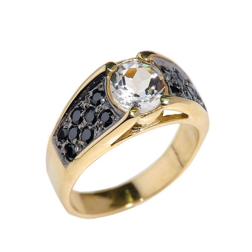 Yellow Gold White Topaz and Black Diamonds Engagement Ring