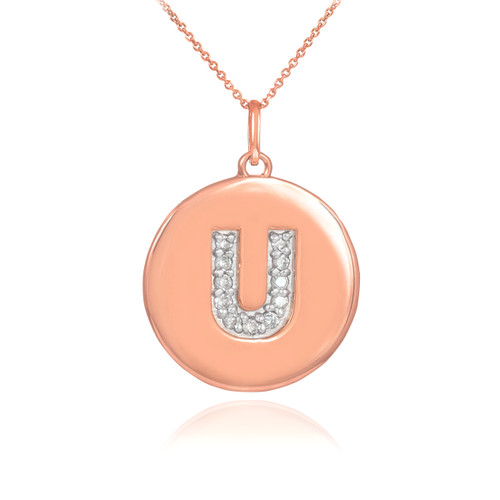 14k Rose Gold Letter "U" Initial Diamond Disc Pendant Necklace